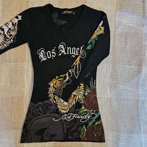 y2k Mobwife McBling Blokecore Ed Hardy Tiger Logo Babydoll Long Sleeve Tee - Picture 2 of 6